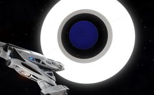 An Imperial Clipper near a ringed gas giant in Elite Dangerous.