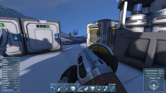 Preparing to disassemble equipment with a grinder in Space Engineers survival multiplayer