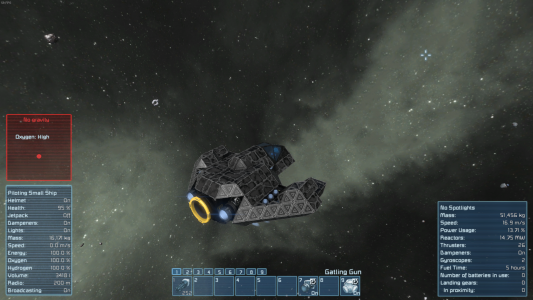 Flying through space in a custom built fighter in Space Engineers survival multiplayer.