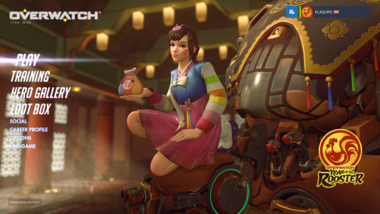D.Va's new costume on the Overwatch Year of the Rooster menu screen