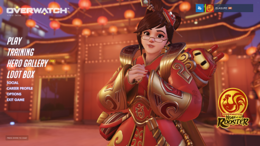 Mei's new costume on the Overwatch Year of the Rooster menu screen