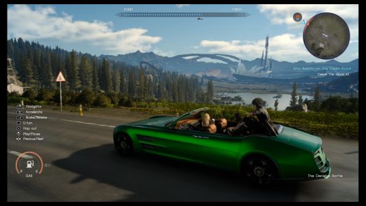 A view of the wide open world of Eos from the confines of the Regalia in Final Fantasy XV.