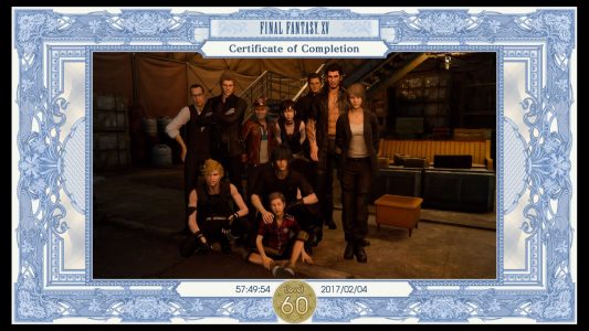 Certificate of completion presented to the player after beating Final Fantasy XV.