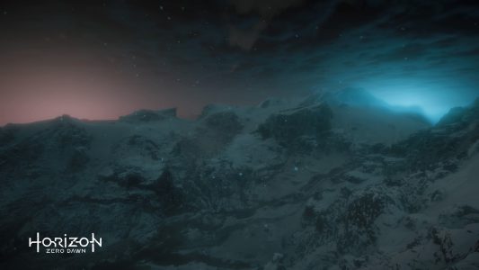 A wide angle shot of the sun setting and the moon rising in Horizon Zero Dawn