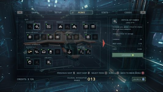 The perk selection screen in Everspace.