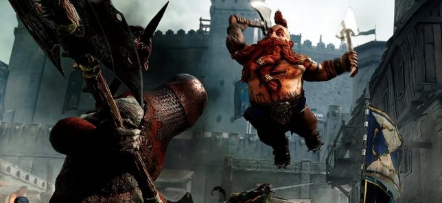 A dwarf launches into an attack in Vermintide 2