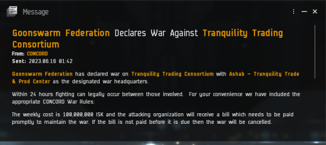 Goonswarm's Declaration of War in the stupidity failscade of the TTC
